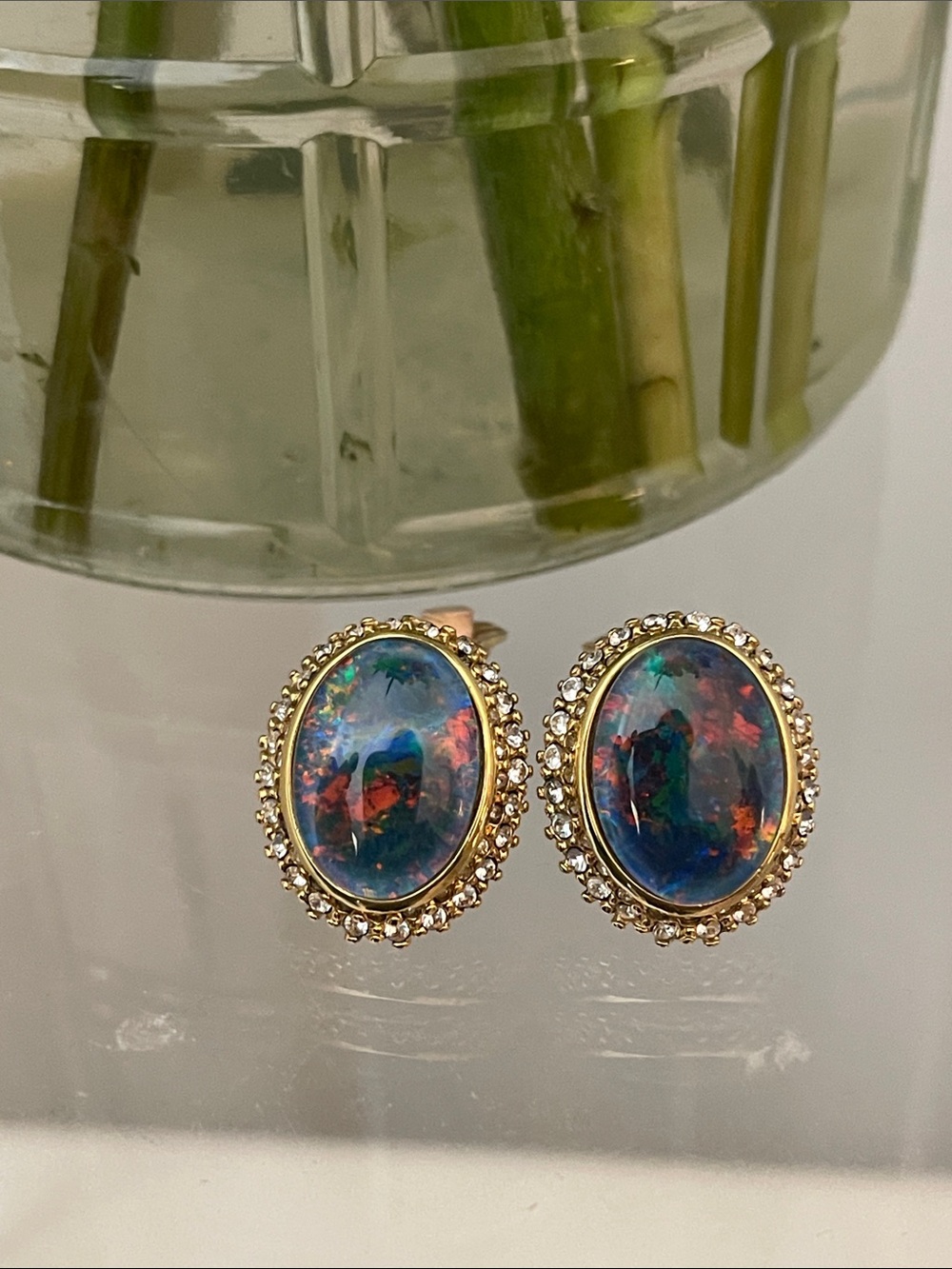 Gold Opal-Effect Oval Vintage Clip on Earrings